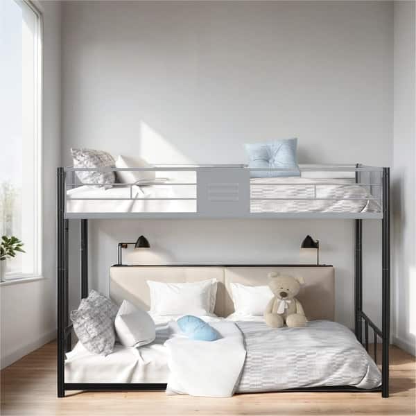 slide 2 of 14, Twin over Twin Metal Bunk Bed w/ Built-in Ladder and Safety Guardrail