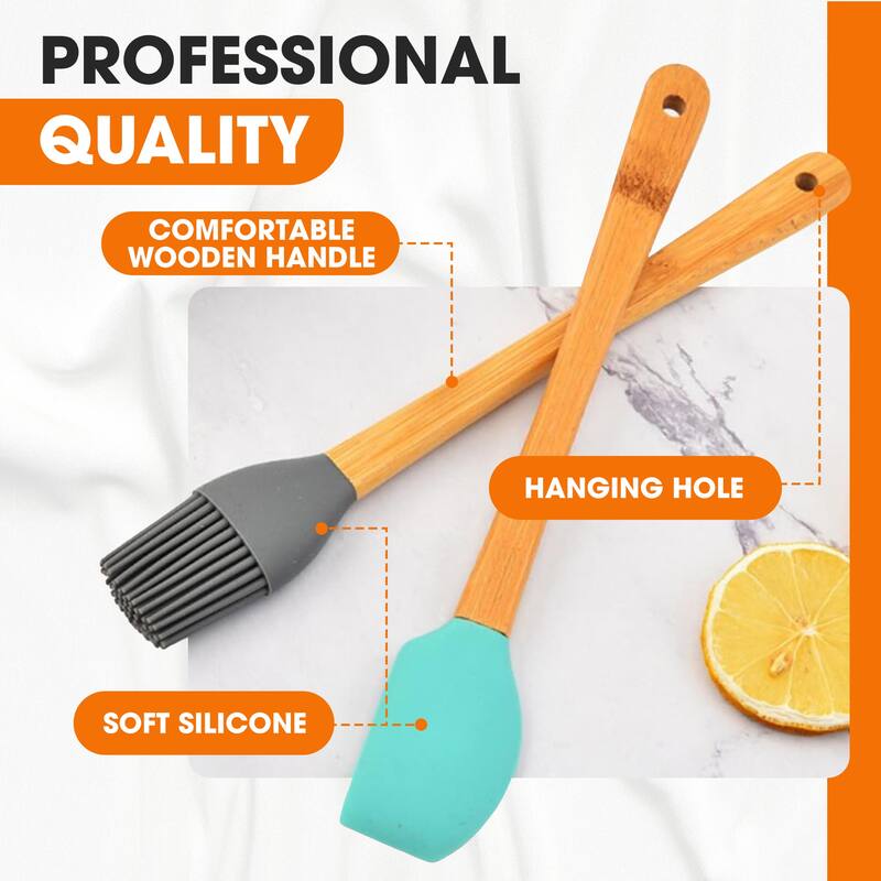 Cheer Collection Mini Silicone Baking Spatula Set for Kids with Bamboo Handles 5 Piece Utensil Set - Set of 5