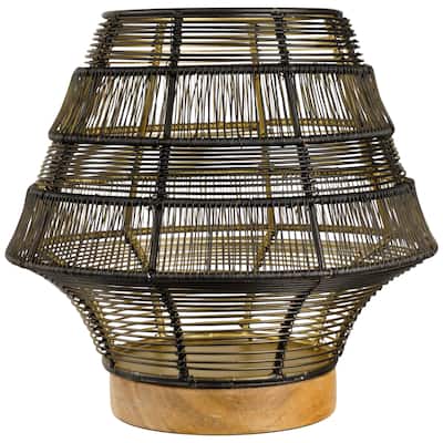 Large Woven Iron Pillar Candle Holder with Wood Base - 9.25" - Black