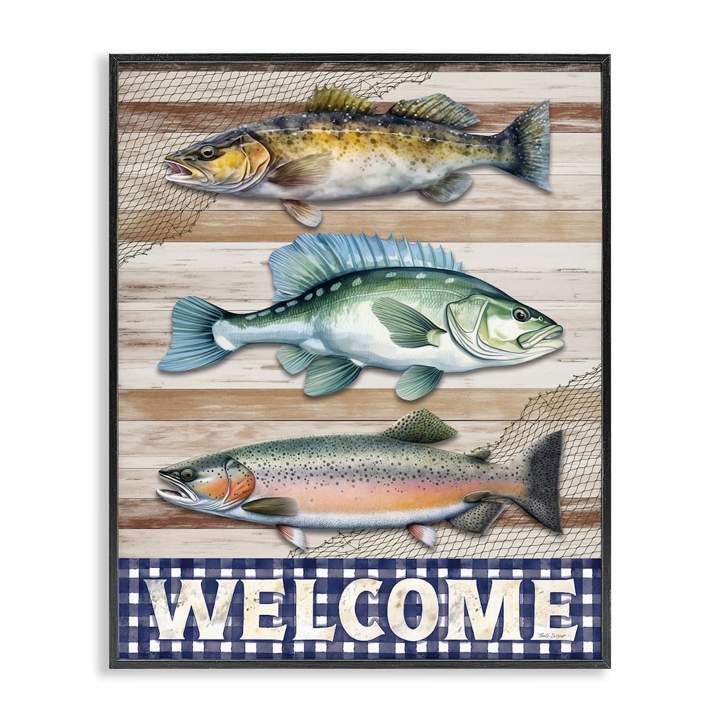Stupell Welcome with Rustic Fish Framed Giclee Art Design By Nicole DeCamp