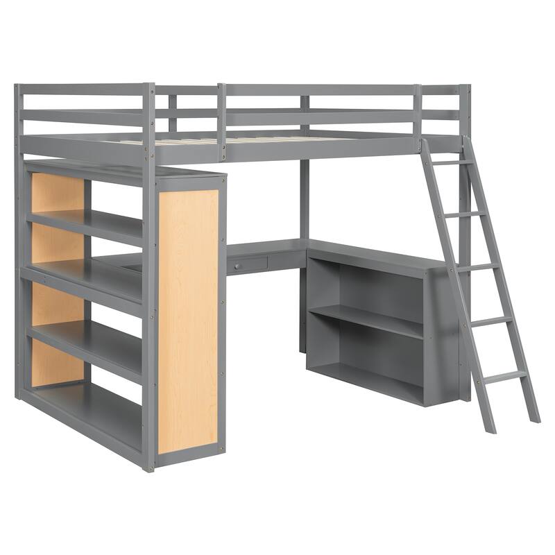 Full Size Loft Bed with Ladder, Shelves, and Desk, Gray