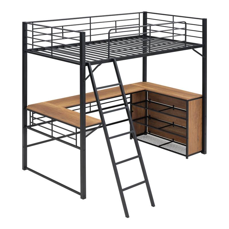 Metal Loft Bed with 3-Layer Shelves & L-Shaped Desk