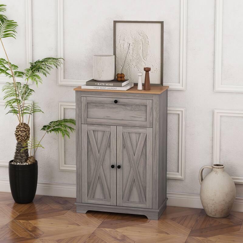 Farmhouse Barn Door Accent Cabinet, Kitchen Sideboard Storage Cabinet with Double Doors, Drawer, and Adjustable Shelf