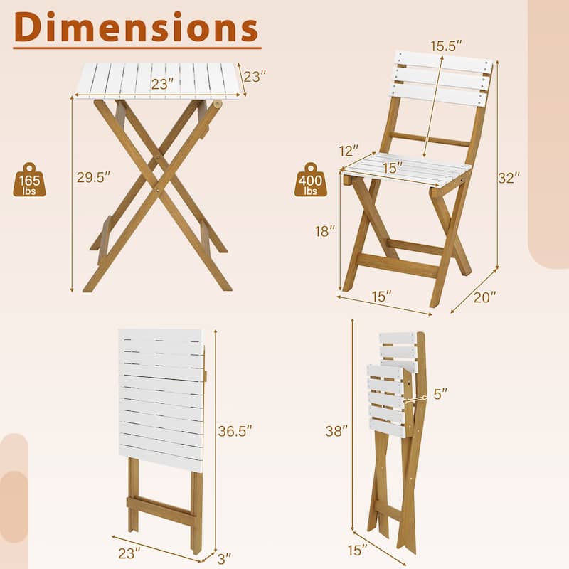 3 Piece Folding Patio Bistro Set with Foldable Design Acacia Wood Porch Chairs and Square Table - 23" × 23" × 29.5"