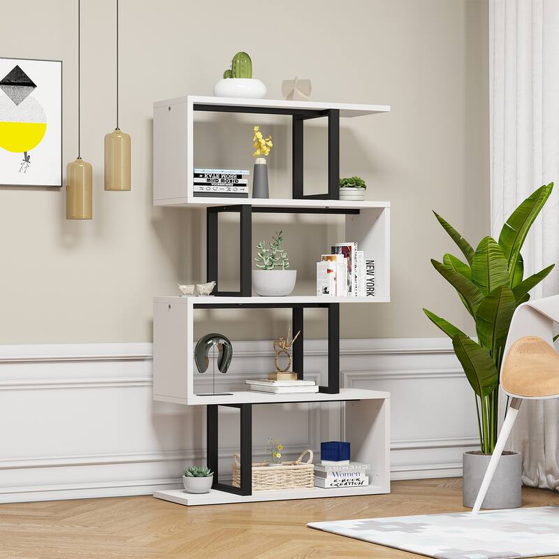 Hermoth Wood 5 Tiers Bookshelf S-Shaped Z-Shelf Style Bookcase Storage Display - White