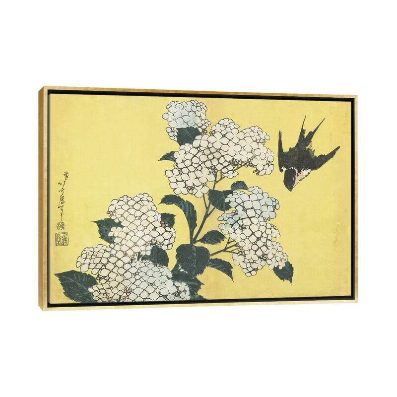 iCanvas "Hydrangea And Swallow, c.1832" by Katsushika Hokusai Framed Canvas Print - Gold - 18x26