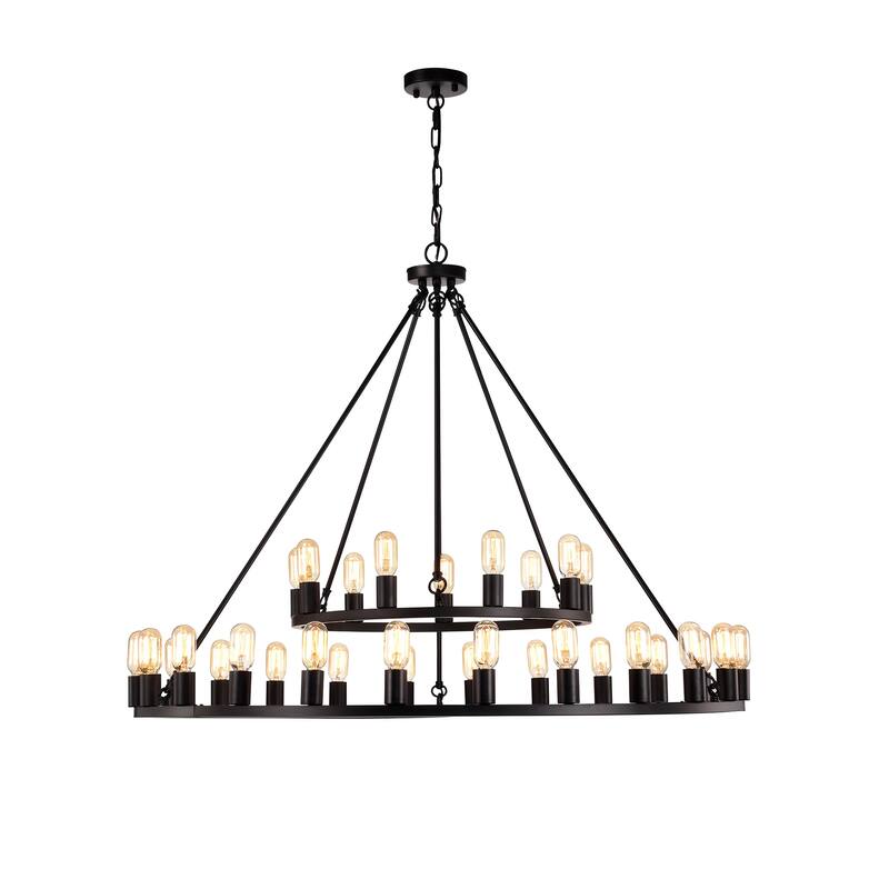 The Gray Barn Liam Matte Black 33-Light 48-inch 2-Tier Round Wagon Wheel Chandelier