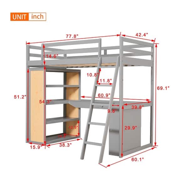 dimension image slide 1 of 2, Wooden Twin Size Loft Bed Frame with L-shaped Desk, Multi-layer Shelves, Drawers, Oleophobic Board, Ladder, Guardrails