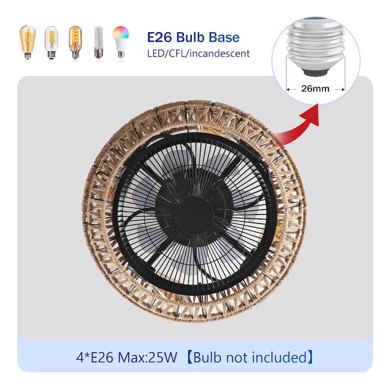 Vintage Rope Ceiling Fan with Light,NOT Included Bulbs