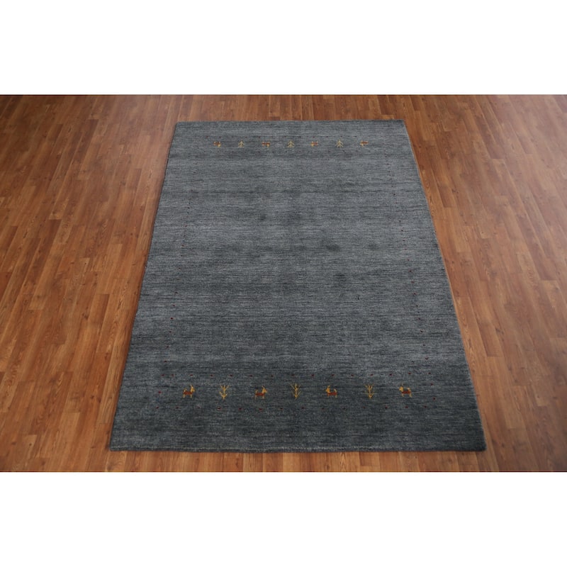 Hand Knotted Oriental 100% Wool Carpet Tribal Animal Pictorial Greys & Charcoal Gabbeh Area Rug - 7' 6'' X 5' 5''