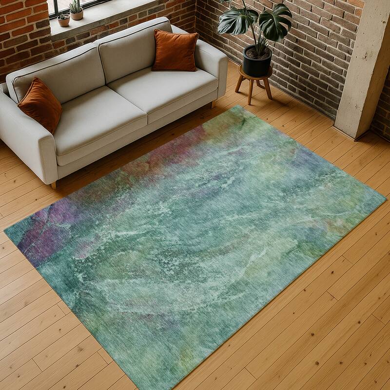 Machine Washable Indoor/ Outdoor Abstract Watercolor Chantille Rug