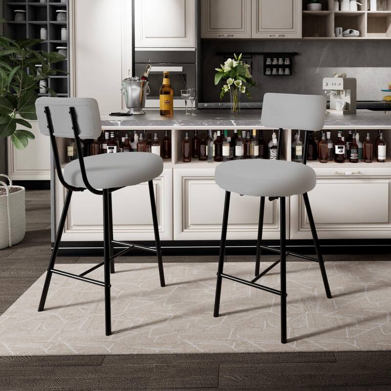 Boucle Upholstered Bar Stools Set of 2, Modern Counter Height Bar Chairs with High Back, Footrest and Metal Leg