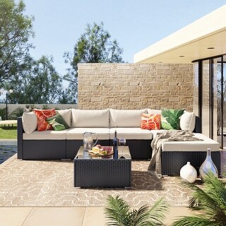 Outdoor Black Wicker 6-Piece Sofa Set with Beige Removable Cushions