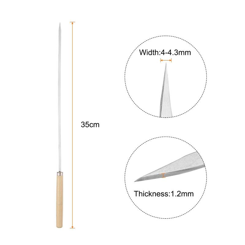 12pcs Kebob Skewers 33cmx4.3mm Flat Sticks with Wood Grip Handle - 35cmx4.3mmx1.2mm - Silver