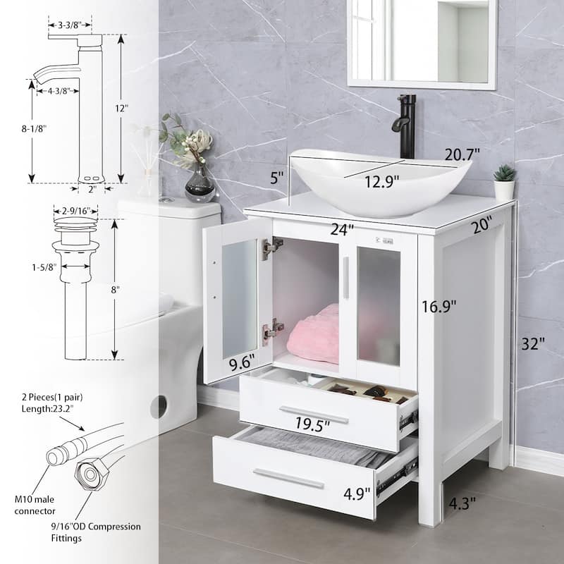24" Bathroom Vanity White Set Glass/ Ceramic Vessel Sink Cabinet Faucet Drain Free Standing Combo