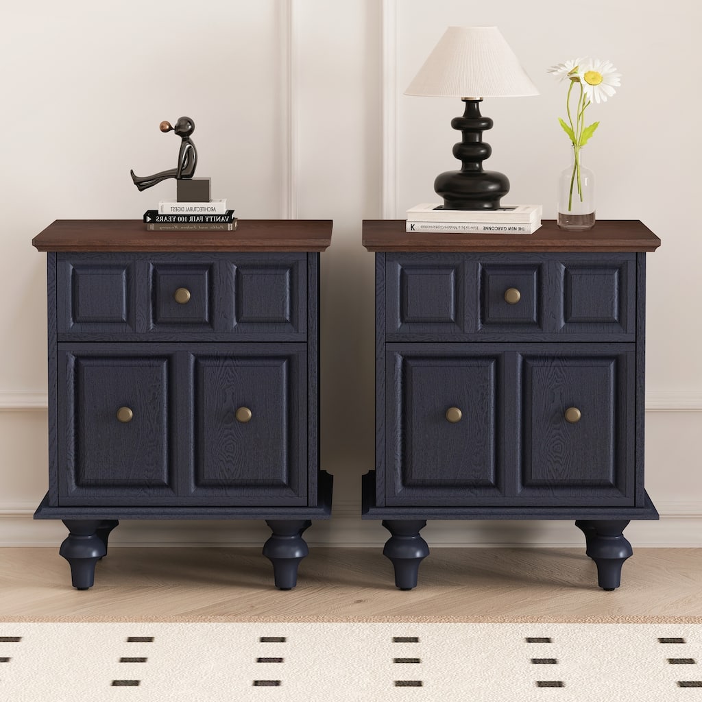 Vintage Nightstand with 2 Drawers and Roman Column Legs Set of 2