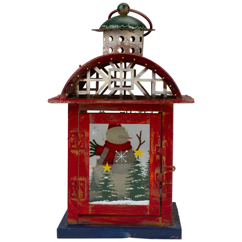 Red White and Gray Snowman "WELCOME" Christmas Lantern 9.75"