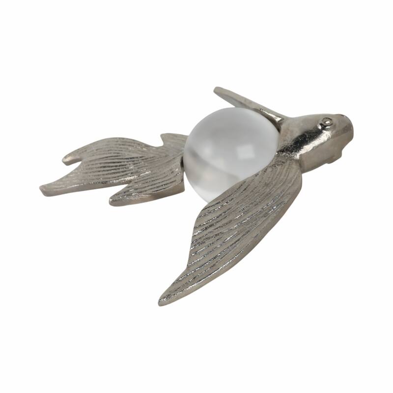 Metal Fish Figurine with Textured Fins and Glass Orb - 9" Silver - 9.5" x 3.5" x 9"