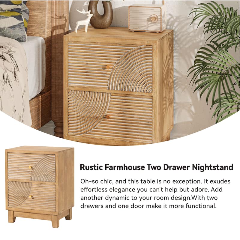 COZAYH 3-Drawer Farmhouse Dresser with Handicraft Wood Ring Motif, Rustic Nightstand Wooden Finish, Boho, Natural Wood