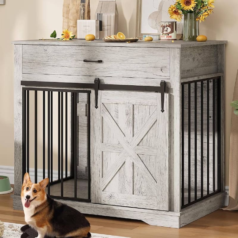 2-in-1 Dog Crate Furniture, Farmhouse Dogs Kennel for Small Medium Dogs - Grey