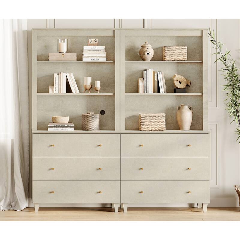 WAMPAT Modern 71" Tall Bookcase with 6 Drawers, 2 Columns 3-Tier - Beige