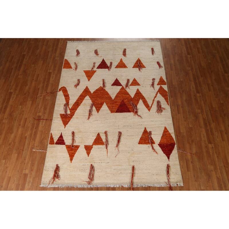 Hand Knotted Oriental 100% Wool Carpet Modern Tribal Beige & Ivories Moroccan Area Rug - 9' 11'' X 6' 10''