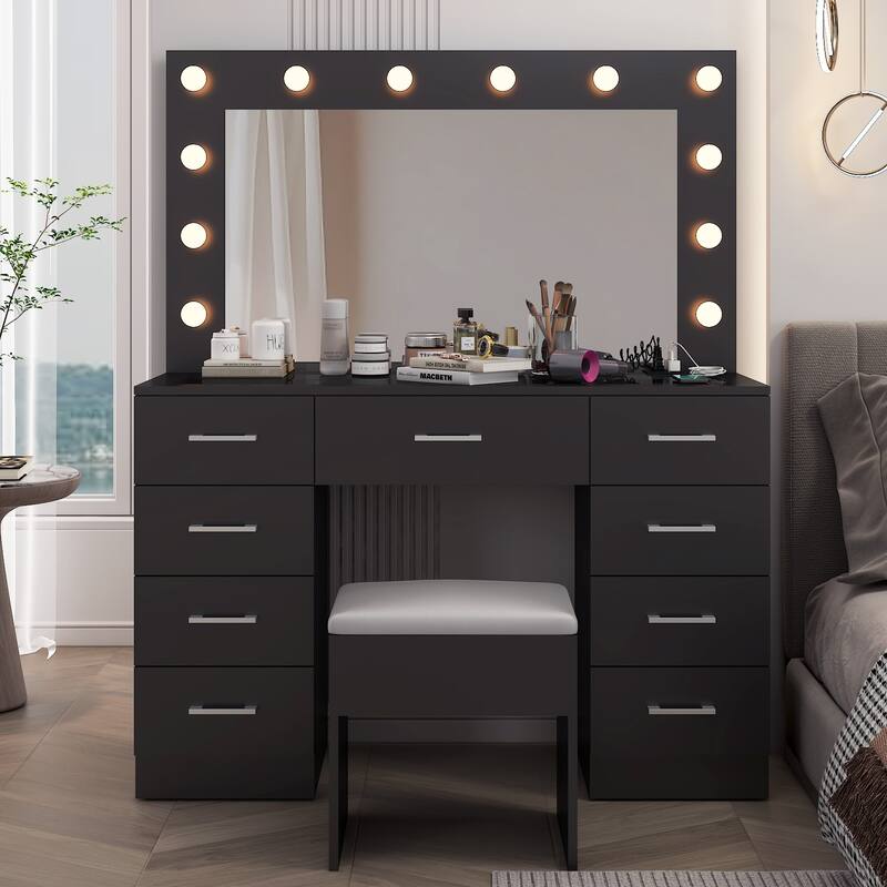 Luxury Vanity Desk Set with Lighted Mirror Cushioned Stool 9 Drawers Glass Tabletop and Built in USB Charging Station