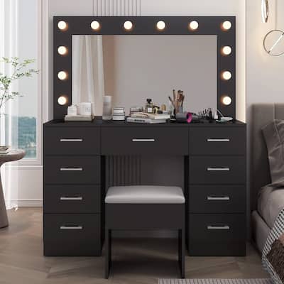 Luxury Vanity Desk Set with Lighted Mirror Cushioned Stool 9 Drawers Glass Tabletop and Built in USB Charging Station