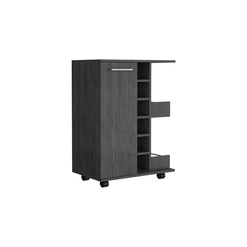 Bar Cart, Four Casters, Six Wine Cubbies, Single Door Cabinet