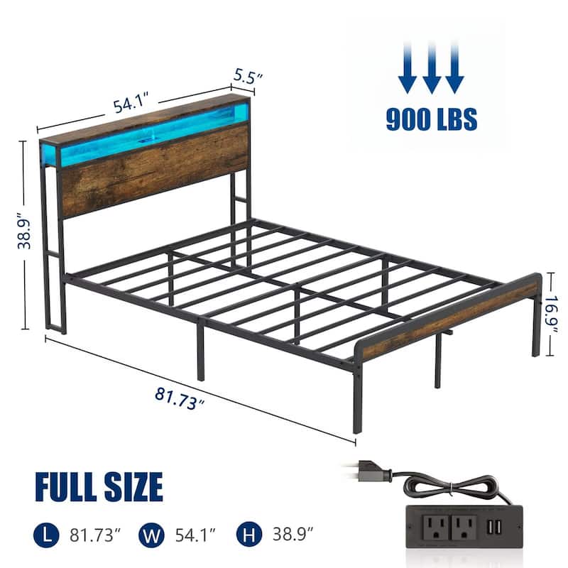 Full Size Metal Bed Frame with LED Lighting, Heavy Duty Foundation with Steel Slat Support