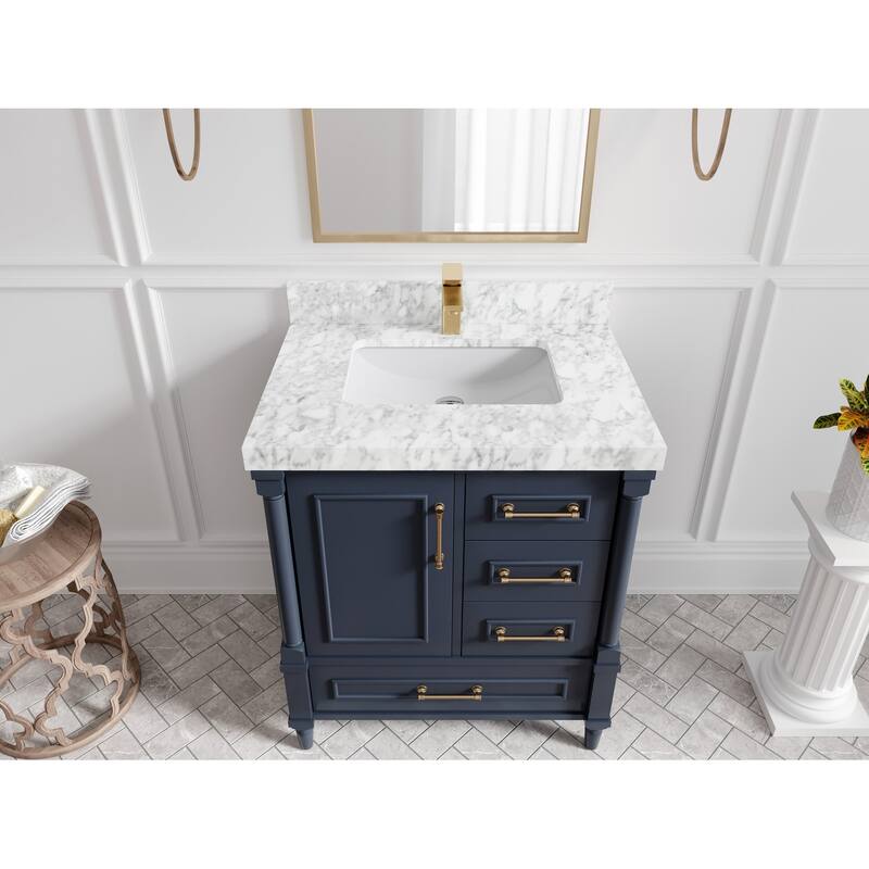 Willow Collections 30 in. W x 22 in. D Aberdeen Single Sink Bathroom Vanity with Countertop - 2" Carrara Marble - Hale Navy Blue