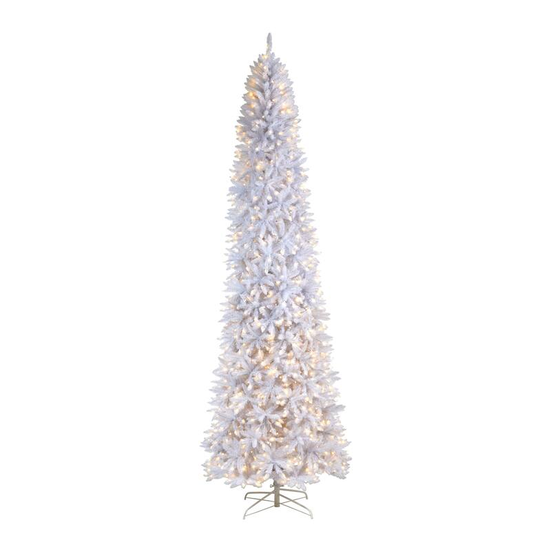 11ft White Christmas Tree Pre-Lit - Slim Artificial Tree with Warm White Lights & Bendable Branches - 132
