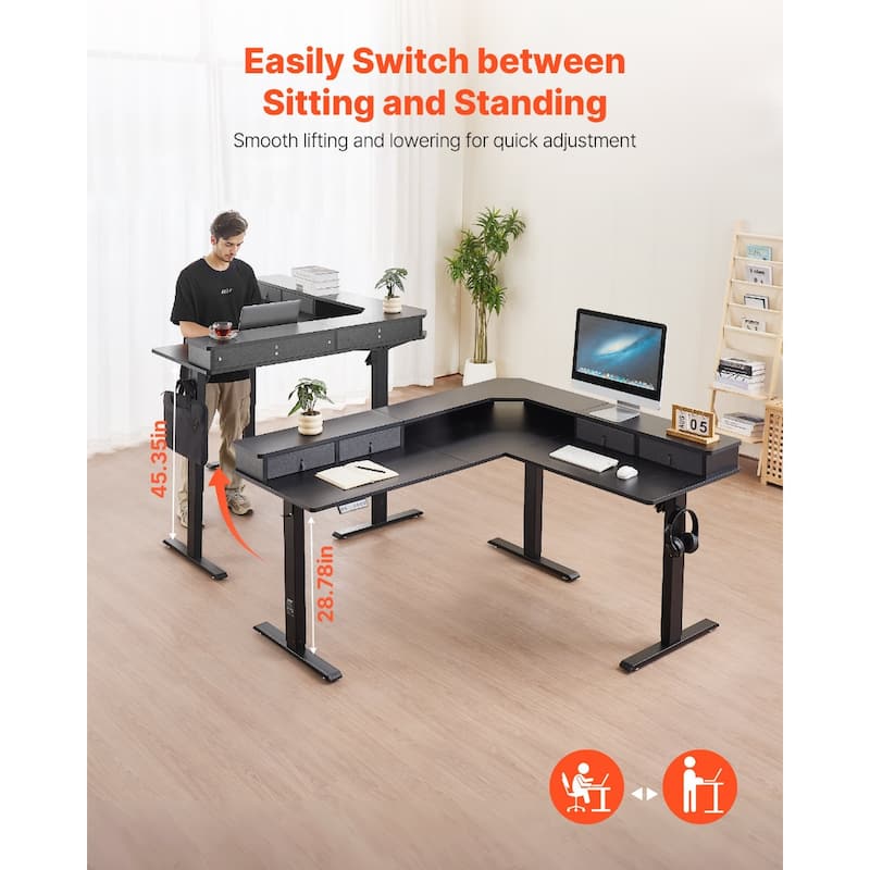 Black Carbon Steel Electric L Shaped Standing Desk with Dual Motors and Drawers