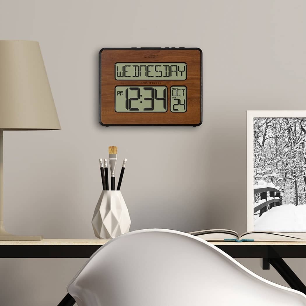 Curata Atomic Digital Wood Finish White Backlight Wall Clock with