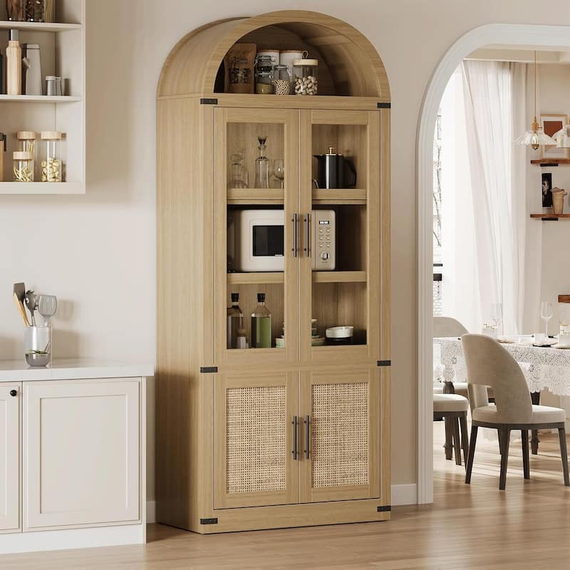 Arched 6-Shelf Bookcase, Display Cabinet with Glass Doors - N/A - Khaki