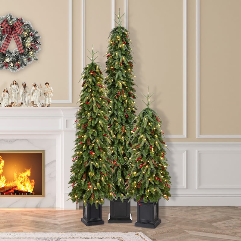 Glitzhome 4ft/6ft/7ft Pre-lit Green Artificial Christmas Porch Tree with Red Berries,Pinecones and 100 Warm White Lights