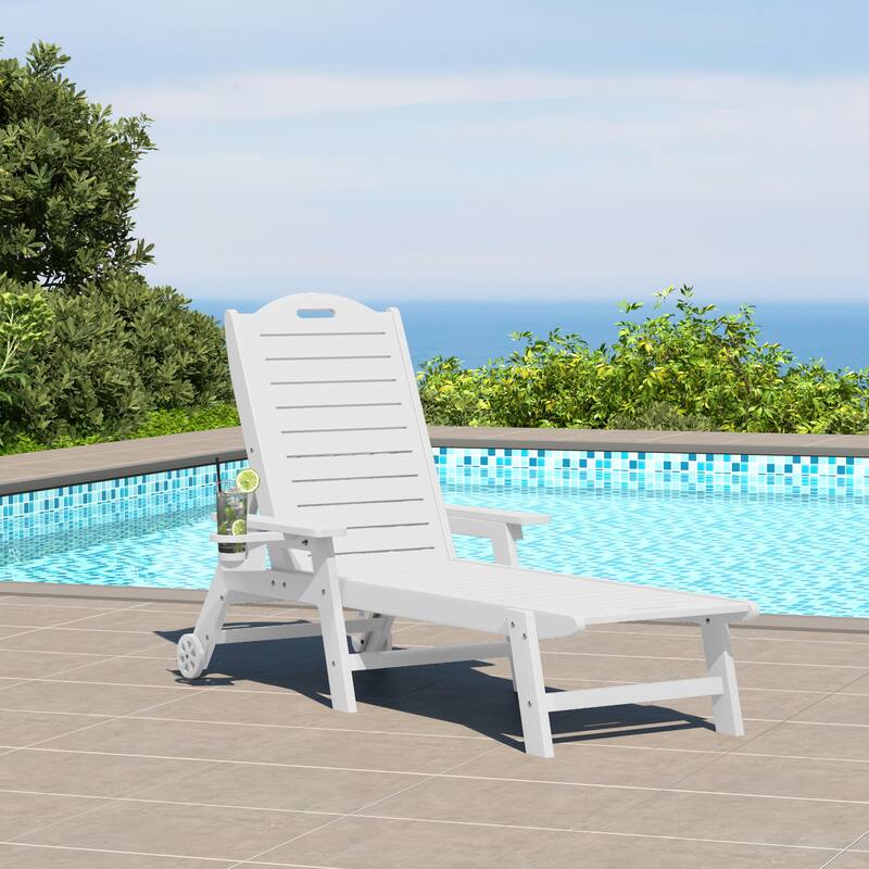 Brighton Outdoor Poly Reclining Chaise Lounge with Wheels & Cup Holder