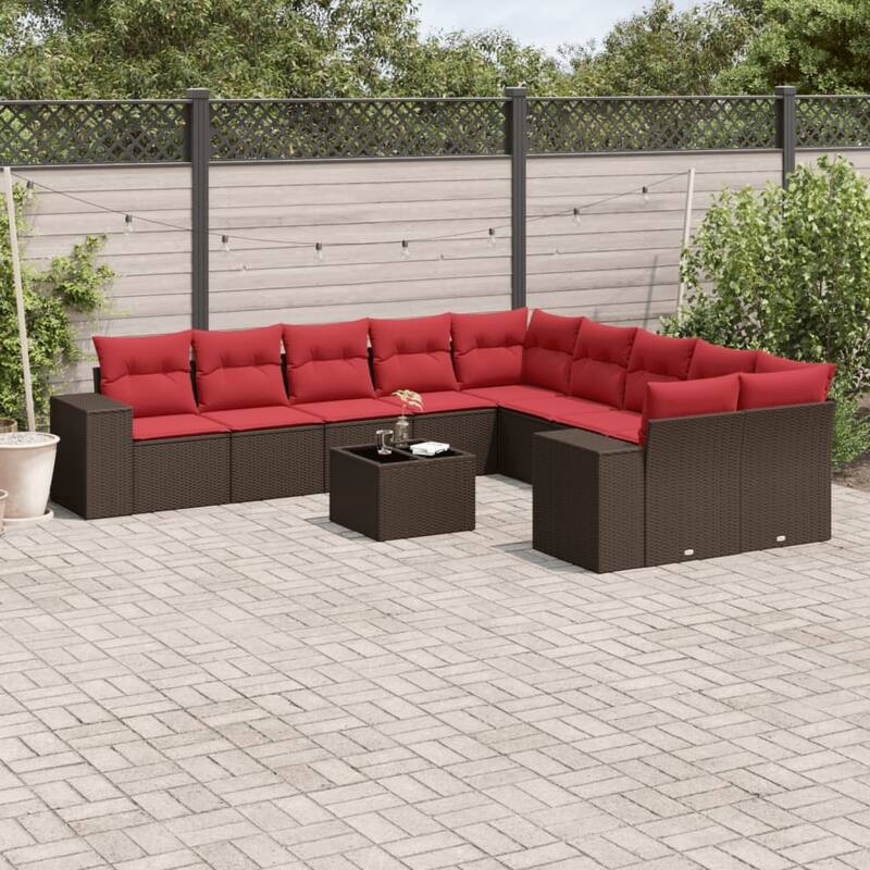 vidaXL 10/11 Piece Patio Sofa Set with Cushions Black/Brown/Gray Poly Rattan - 24.4 x 24.4 x 27.2