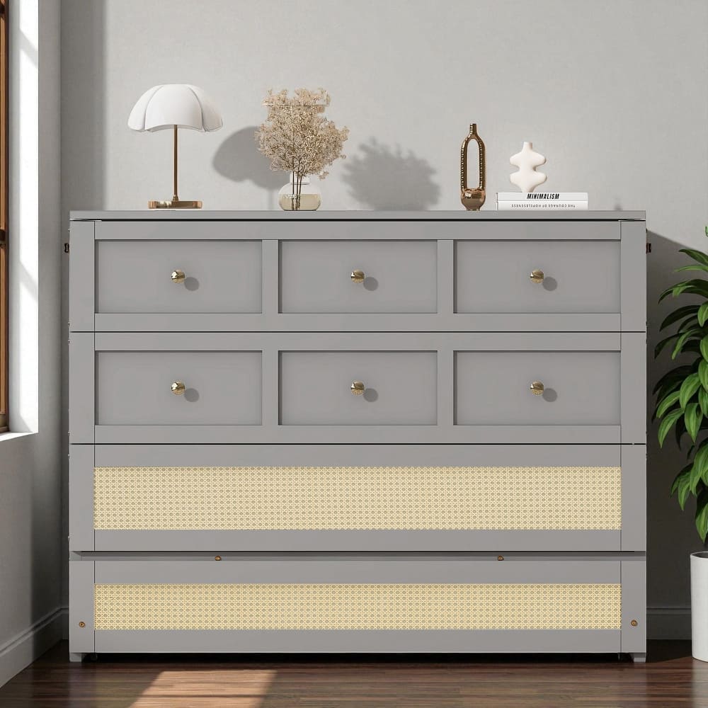 Full Size Murphy Bed with Large Storage Drawers, Space-Saving Foldable Wall Bed with Elegant Front Design