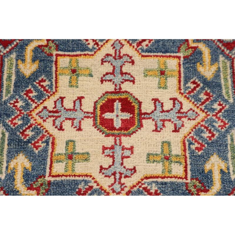 Red Geometric Kazak Foyer Rug Hand-Knotted Wool Carpet - 2'10" x 4'2"