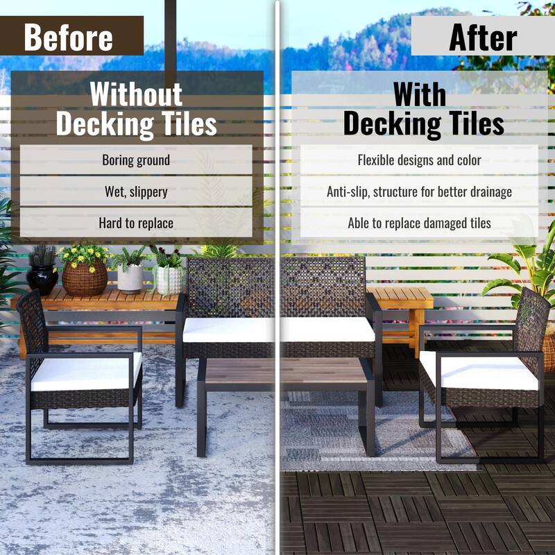10 PCS Interlocking Deck Tiles Striped Pattern, 12" x 12" Square Acacia Hardwood Outdoor Flooring for Patio,Bancony,Pool Side