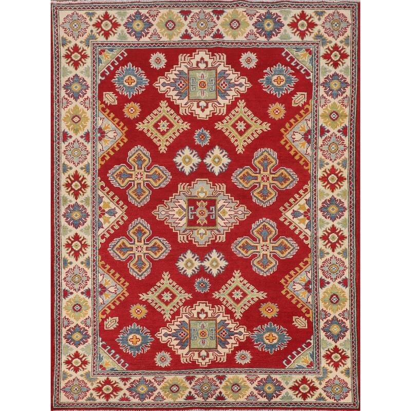 Geometric Red Kazak Oriental Area Rug Bedroom Hand-Knotted Wool Carpet - 5'1" x 6'7"
