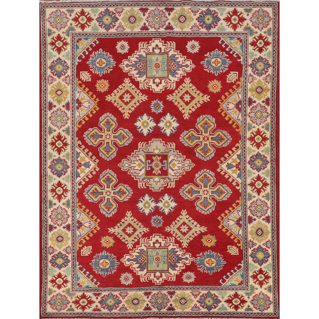 Geometric Red Kazak Oriental Area Rug Bedroom Hand-Knotted Wool Carpet - 5'1" x 6'7"