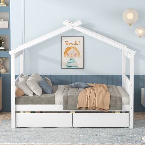 Full Size Wooden House Bed Daybed with 2 Drawers & Sky Roof, White