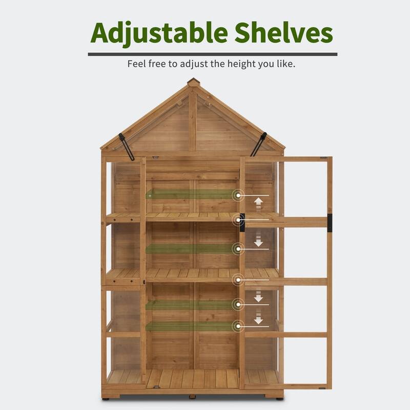 MCombo Wooden Greenhouse, Outdoor Gardening Polycarbonate Greenhouse with Openable Roof Vent and Adjustable Shelves, 0826