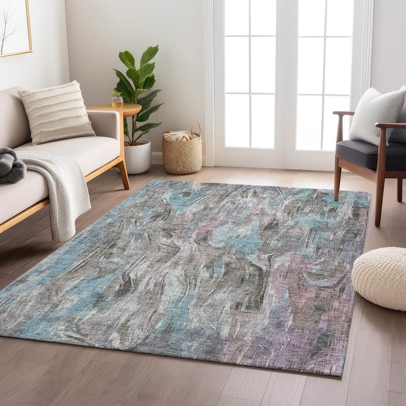 Machine Washable Indoor/ Outdoor Brushstrokes Modern Chantille Rug