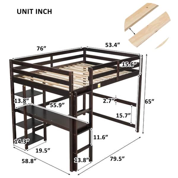 dimension image slide 0 of 3, Full Loft Bed Pine Kids Bed with Desk Shelves and Ladder, Grey