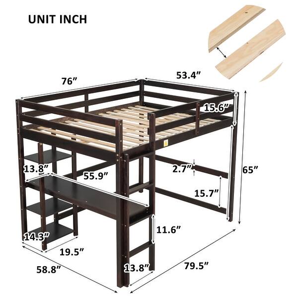 Full Loft Bed Pine Kids Bed with Space Storage Bulit-in Desk Shelves and Ladder, Espresso