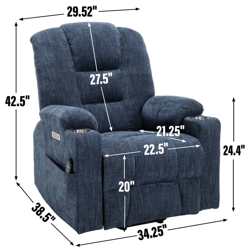 Modern Power Lift Recliner Chair Heat Massage Chair Upholstery Single Sofa with Dual USB Ports and Cup Holders
