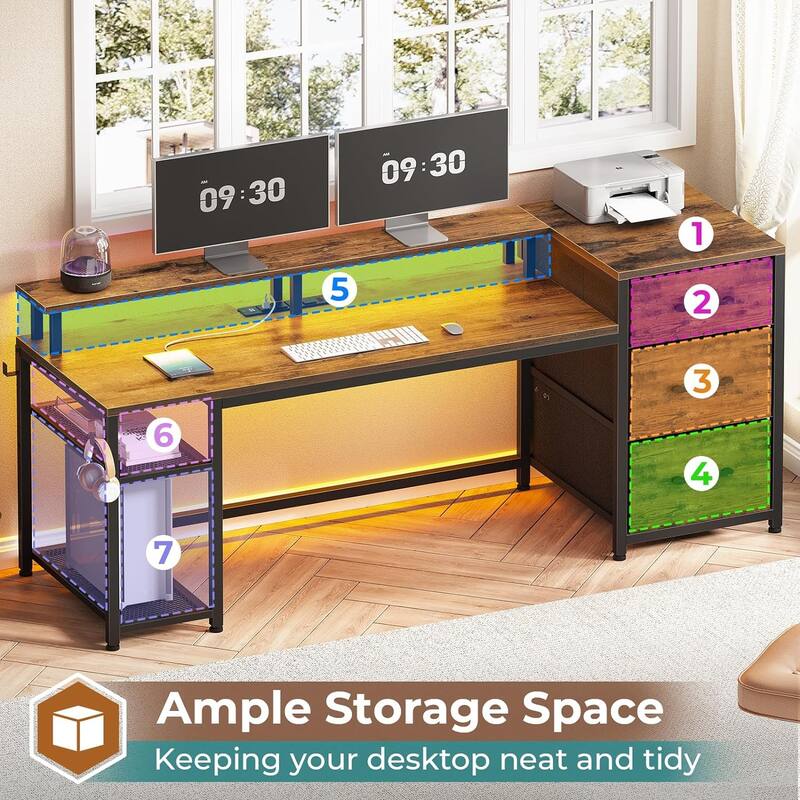 Office Desk 3 Fabric Drawers Computer Desk LED Lights & Power Outlet